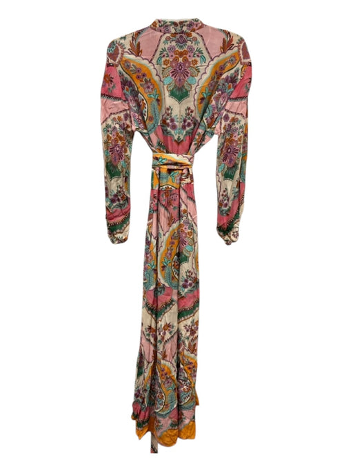 Zara Size L Pink, Orange, Green Viscose Long Sleeve Floral Print Wrap Maxi Dress Pink, Orange, Green / L