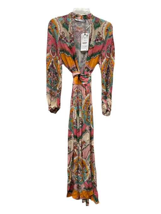 Zara Size L Pink, Orange, Green Viscose Long Sleeve Floral Print Wrap Maxi Dress Pink, Orange, Green / L