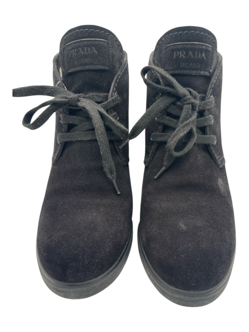 Prada Shoe Size 39.5 Black Suede round toe Platform Lace Up Rubber Sole Booties Black / 39.5
