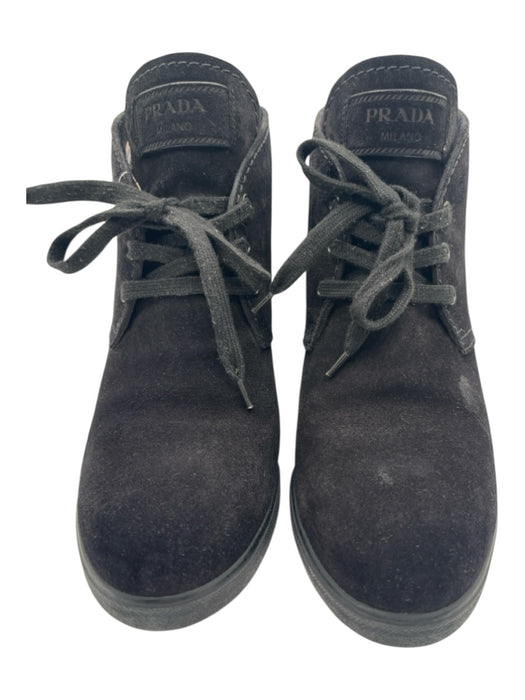 Prada Shoe Size 39.5 Black Suede round toe Platform Lace Up Rubber Sole Booties Black / 39.5