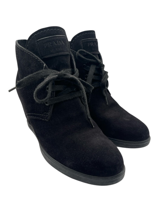 Prada Shoe Size 39.5 Black Suede round toe Platform Lace Up Rubber Sole Booties Black / 39.5