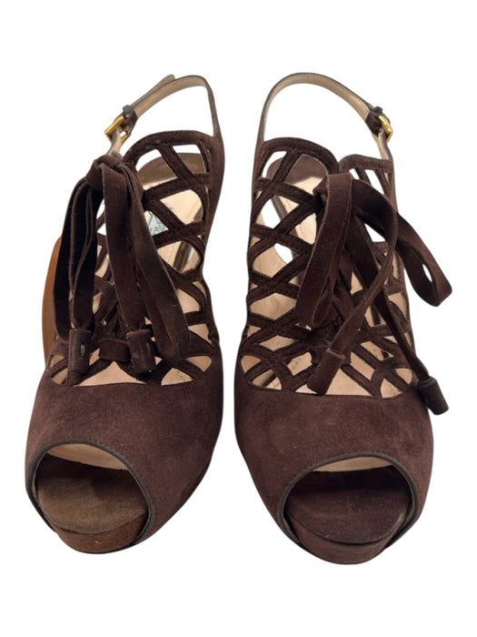 Prada Shoe Size 40 Brown Suede Round Peep Toe Caged Slingback Tie Pumps Brown / 40