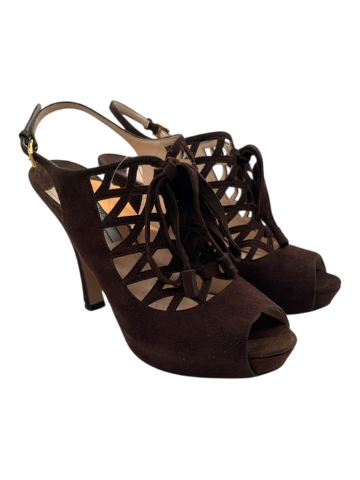 Prada Shoe Size 40 Brown Suede Round Peep Toe Caged Slingback Tie Pumps Brown / 40