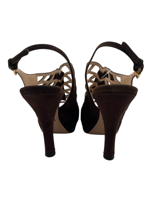 Prada Shoe Size 40 Brown Suede Round Peep Toe Caged Slingback Tie Pumps Brown / 40