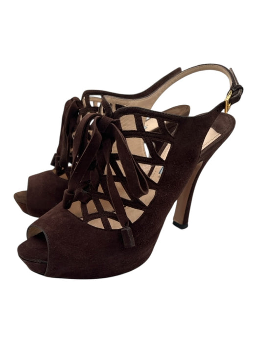 Prada Shoe Size 40 Brown Suede Round Peep Toe Caged Slingback Tie Pumps Brown / 40