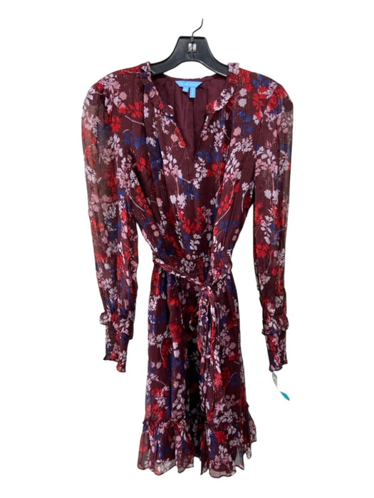 Draper James Size S Maroon & Blue Viscose Floral Metallic Thread Ruffle Dress Maroon & Blue / S