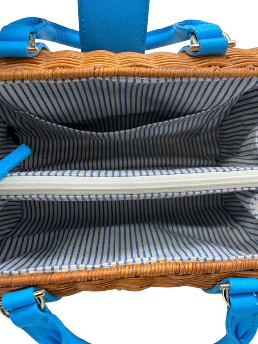 Draper James Blue & Tan Wicker Top Handle Hinge Open Press Lock Hand Bag Blue & Tan