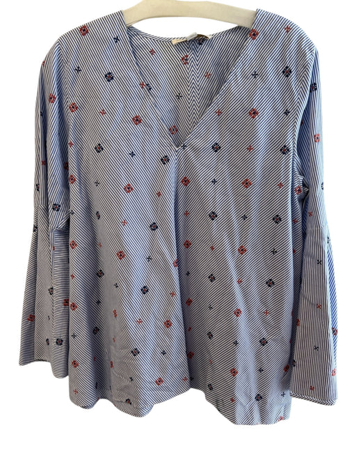 Ann Mashburn Size Large Blue & White No Fabric Tag Embroidered V Neck Top Blue & White / Large