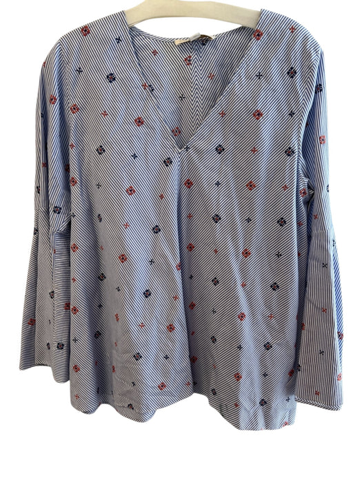 Ann Mashburn Size Large Blue & White No Fabric Tag Embroidered V Neck Top Blue & White / Large