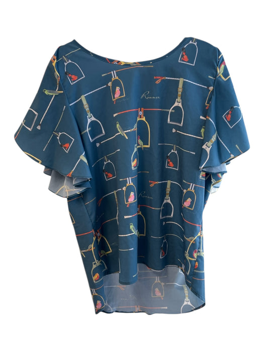 Ronner Size 10 Teal Blue & Multi Polyester Flutter Sleeves Round Neck Top Teal Blue & Multi / 10