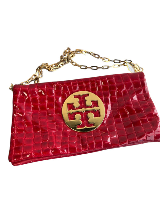 Tory Burch Red Patent Leather Gold hardware Chain Envelope Reptile Embossed Bag Red / Small
