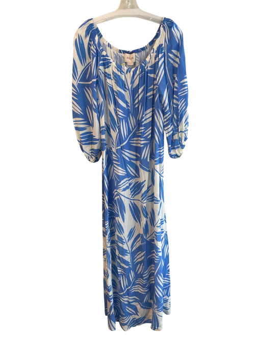 Figue Size Large Blue & White Viscose Palm Leaf 3/4 Sleeve Maxi Dress Blue & White / Large