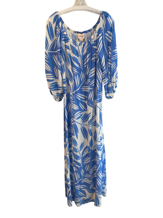 Figue Size Large Blue & White Viscose Palm Leaf 3/4 Sleeve Maxi Dress Blue & White / Large