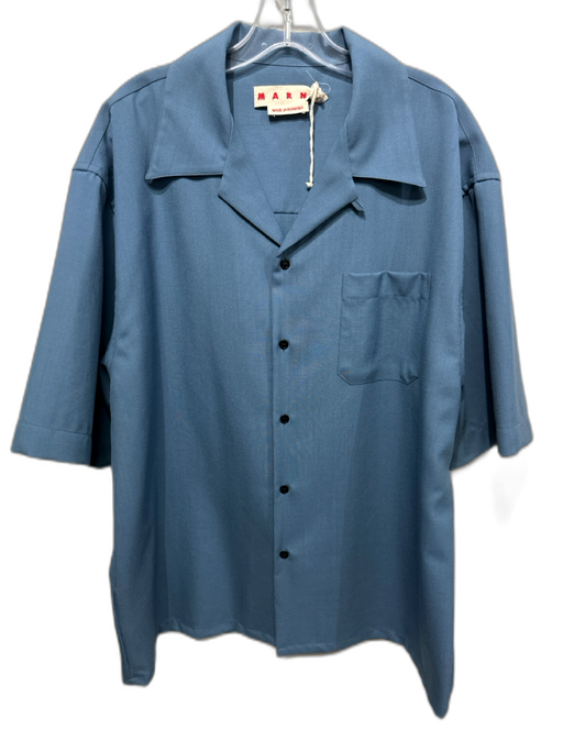 Marni Size 54 Blue Virgin Wool Solid Buttons Men's Short Sleeve Blue / 54