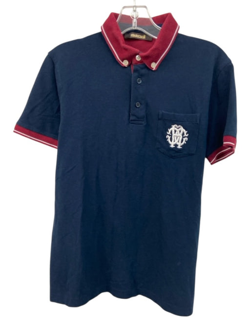 Roberto Cavalli Size L Blue & Red Cotton Blend Solid Front Pocket Short Sleeve Blue & Red / L