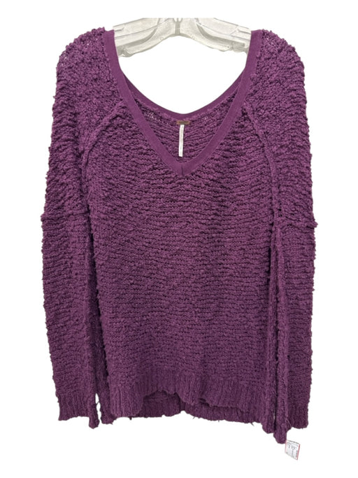 Free People Size S Purple Cotton Open Knit Solid V Neck Sweater Purple / S