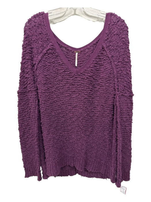 Free People Size S Purple Cotton Open Knit Solid V Neck Sweater Purple / S