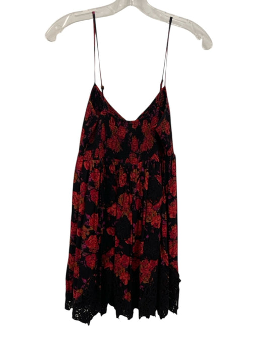 Free People Size S Black, Red, Purple Rayon Shirred Floral Crochet Trim Dress Black, Red, Purple / S