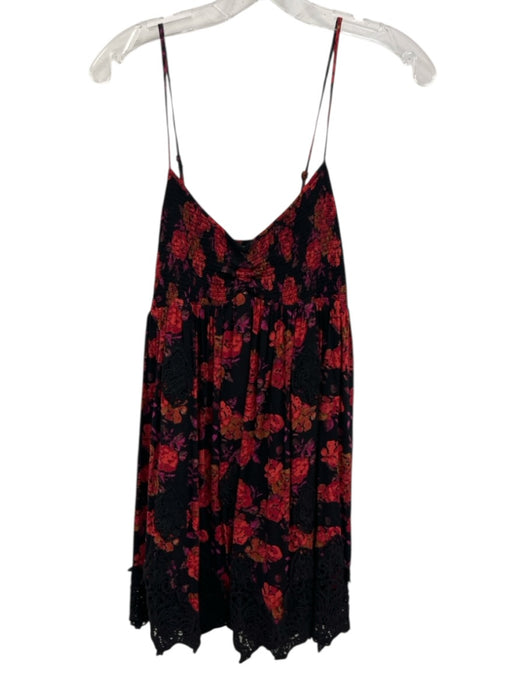 Free People Size S Black, Red, Purple Rayon Shirred Floral Crochet Trim Dress Black, Red, Purple / S