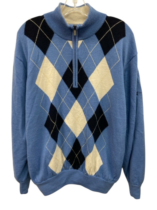 Footjoy Size L Light Blue & White Wool Blend Argyle Quarter Zip Lined Sweater Light Blue & White / L