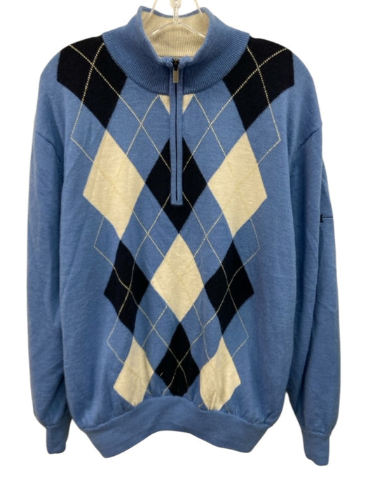 Footjoy Size L Light Blue & White Wool Blend Argyle Quarter Zip Lined Sweater Light Blue & White / L