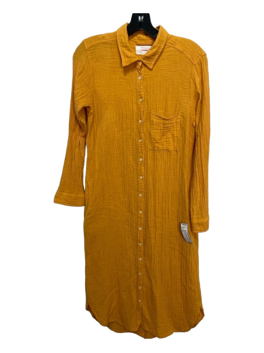 XiRENA Size XS Yellow Cotton Gauze Collared Button Up Long Sleeve Midi Dress Yellow / XS