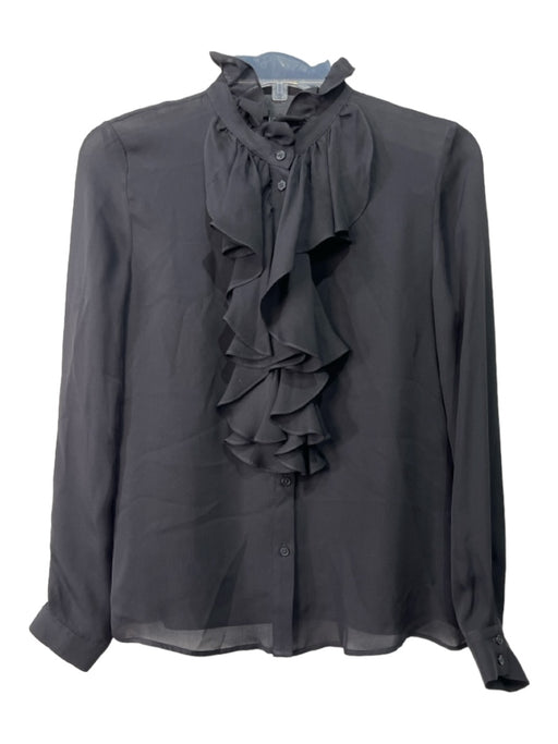 Nili Lotan Size XS Black Silk Button Front Sheer Ruffle Long Sleeve Top Black / XS