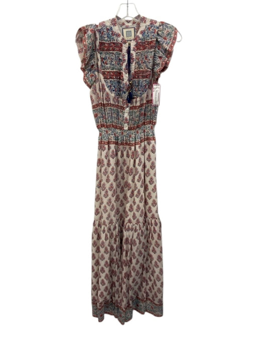Bell Size M White, Blue & Red Silk Blend Keyhole Front Sleeveless Printed Dress White, Blue & Red / M