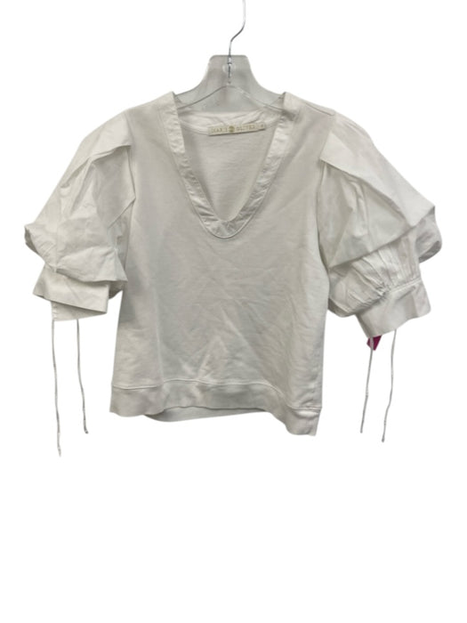 Marie Oliver Size S White Cotton V Neck Puff Sleeve Mixed Fabric Top White / S