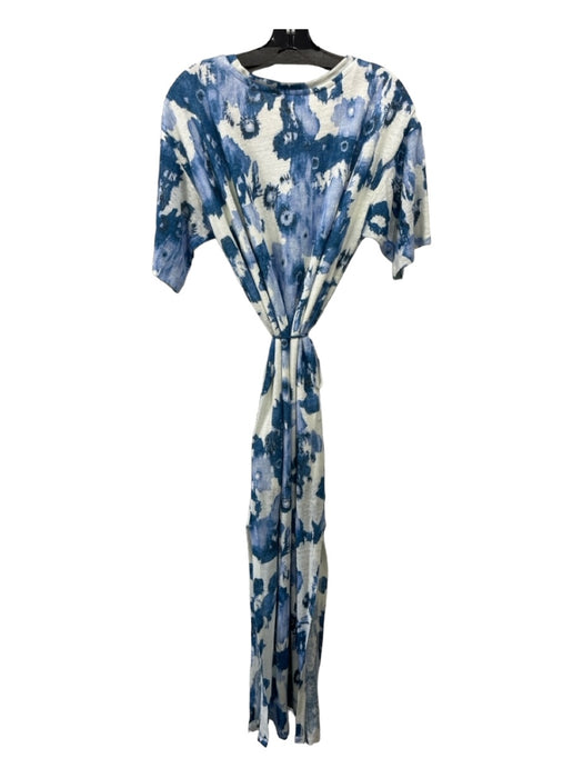 Joie Size S White & Blue Linen Abstract Floral Short Sleeve Maxi Side Slit Dress White & Blue / S