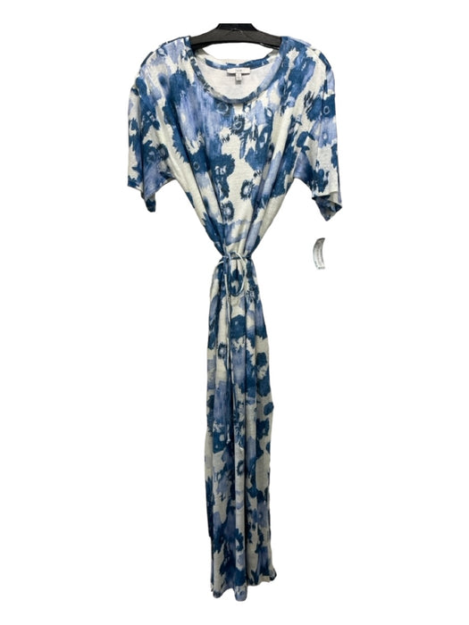 Joie Size S White & Blue Linen Abstract Floral Short Sleeve Maxi Side Slit Dress White & Blue / S