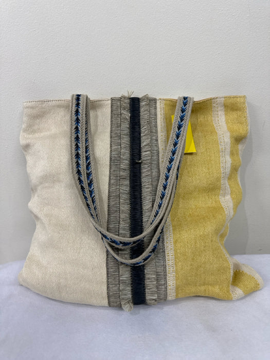 Claramonte Beige, Yellow, Blue Raffia Top Handle Fringe Embroidered Tote Bag