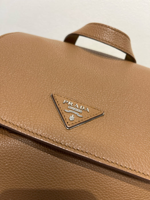 Prada Camel Leather Pebbled Silver Hardware Backpack Bag