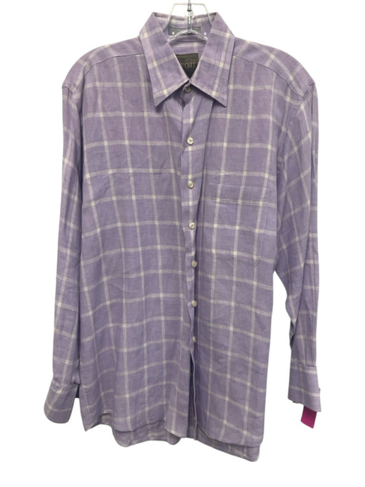 XMI Size M Purple & White Linen Plaid Button Down Men's Long Sleeve Shirt Purple & White / M