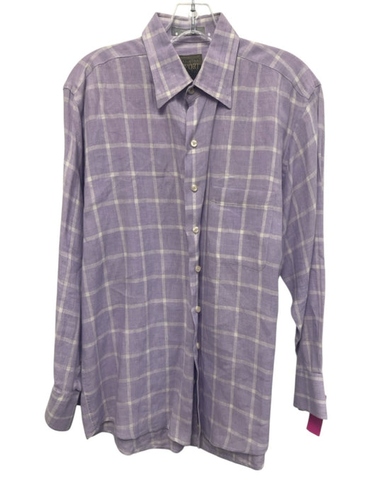 XMI Size M Purple & White Linen Plaid Button Down Men's Long Sleeve Shirt Purple & White / M