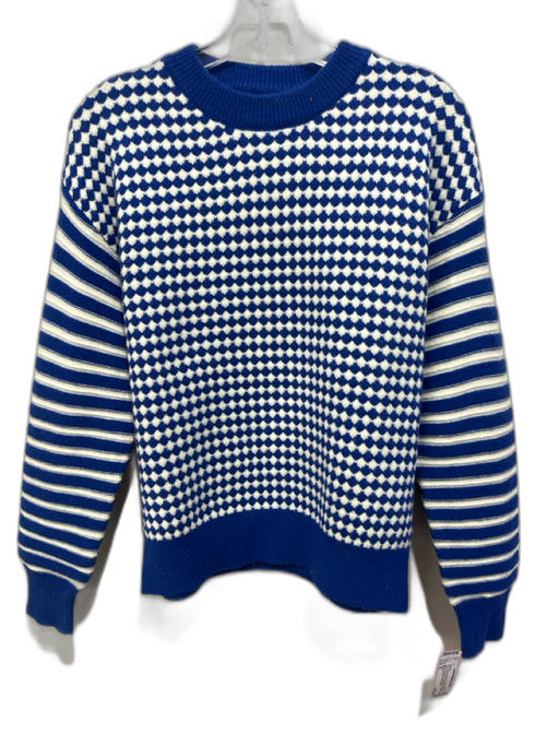 Pinch Size S Blue & White Acrylic Blend Knit Striped Checked Ribbed Hem Sweater Blue & White / S