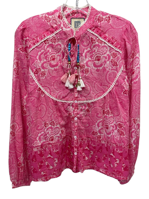 Alicia Bell Size Small Pink, Red, White Cotton & Silk Long puff sleeve Top Pink, Red, White / Small