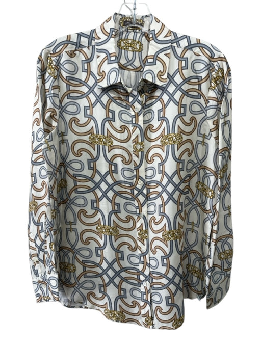 J Mclaughlin Size Small Blue, Yellow, Tan Brown Silk Blend Long Sleeve Top Blue, Yellow, Tan Brown / Small