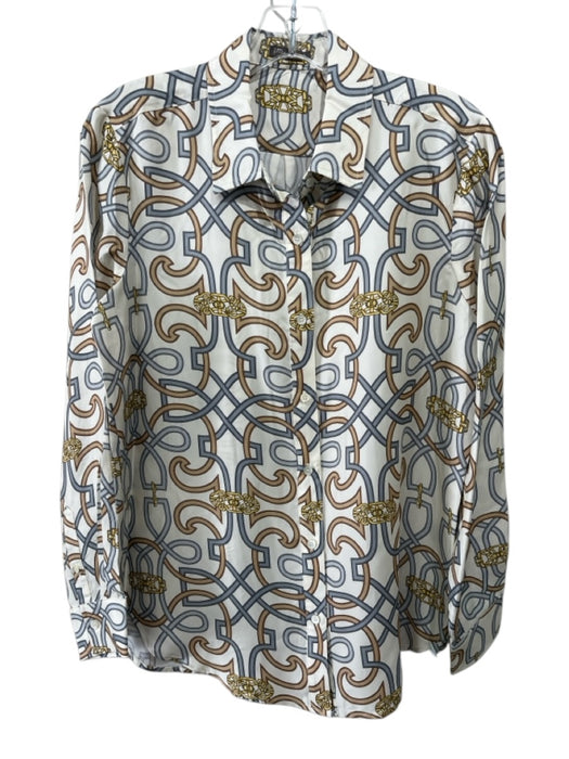 J Mclaughlin Size Small Blue, Yellow, Tan Brown Silk Blend Long Sleeve Top Blue, Yellow, Tan Brown / Small