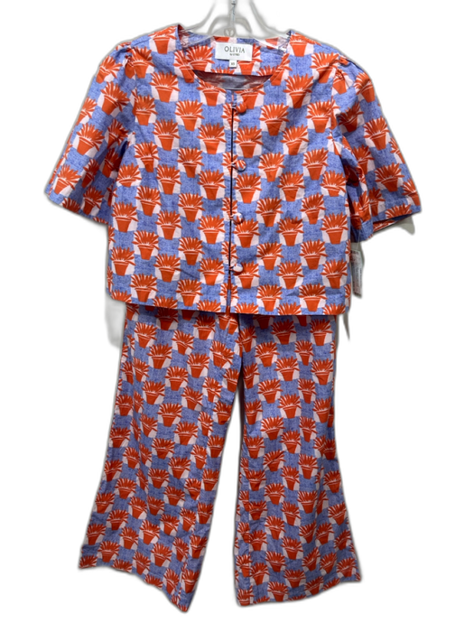 Olivia by Livro Size XS Blue, Orange, White Cotton Short Sleeve Pant Set Blue, Orange, White / XS