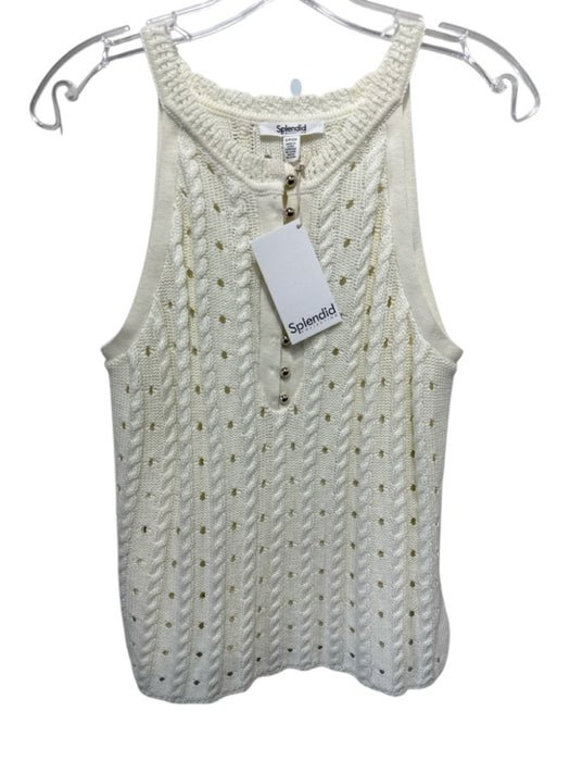 Splendid Size Small Cream White Cotton Sleeveless Open Knit Button Front Top Cream White / Small