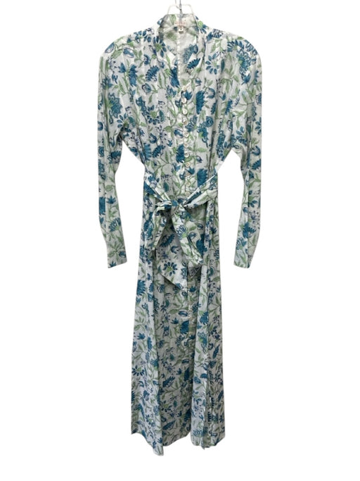 Kemble Size M White, Blue, Green Cotton Buttons Floral Long Sleeve Maxi Dress White, Blue, Green / M