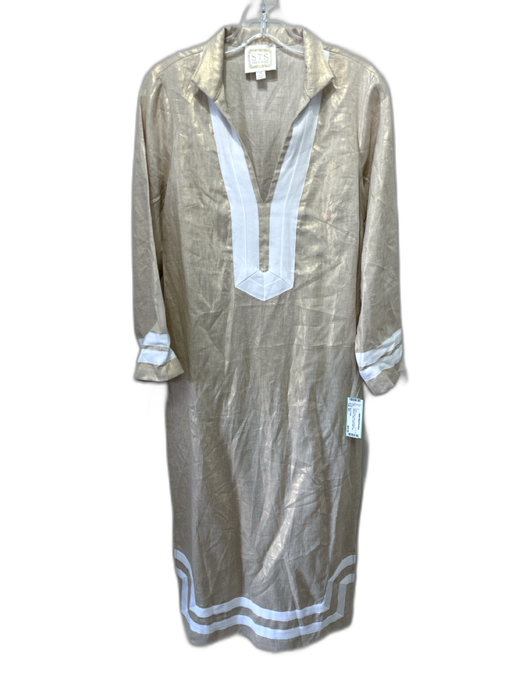 Sail To Sable Size XS Gold & White Linen Long Sleeve Shimmer V Neck Dress Gold & White / XS