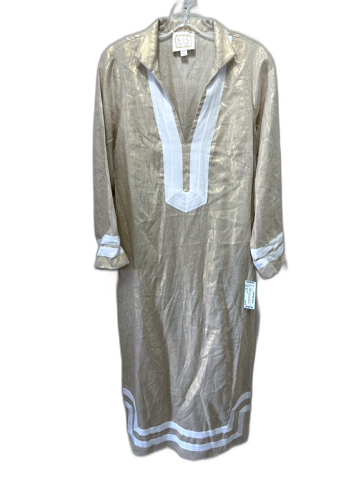 Sail To Sable Size XS Gold & White Linen Long Sleeve Shimmer V Neck Dress Gold & White / XS