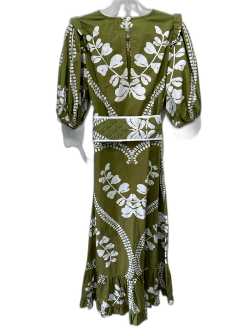 Beyond by Vera Size XS Green & White Cotton Puff Sleeves Floral Maxi Sash Dress Green & White / XS