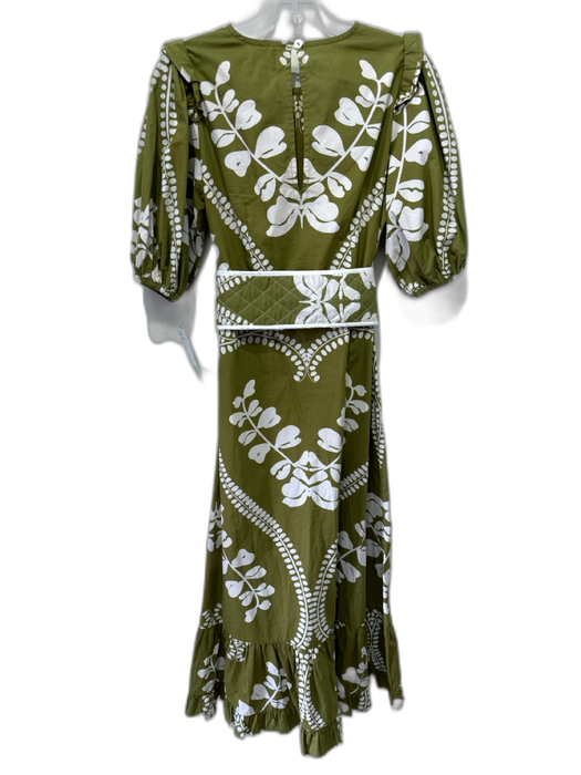 Beyond by Vera Size XS Green & White Cotton Puff Sleeves Floral Maxi Sash Dress Green & White / XS
