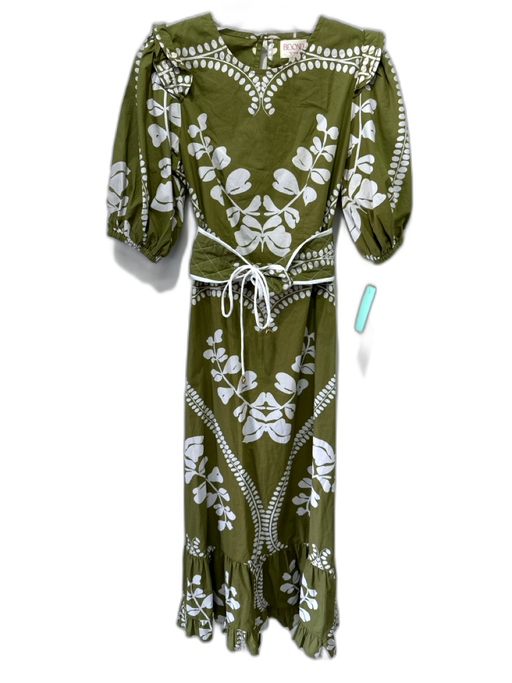 Beyond by Vera Size XS Green & White Cotton Puff Sleeves Floral Maxi Sash Dress Green & White / XS