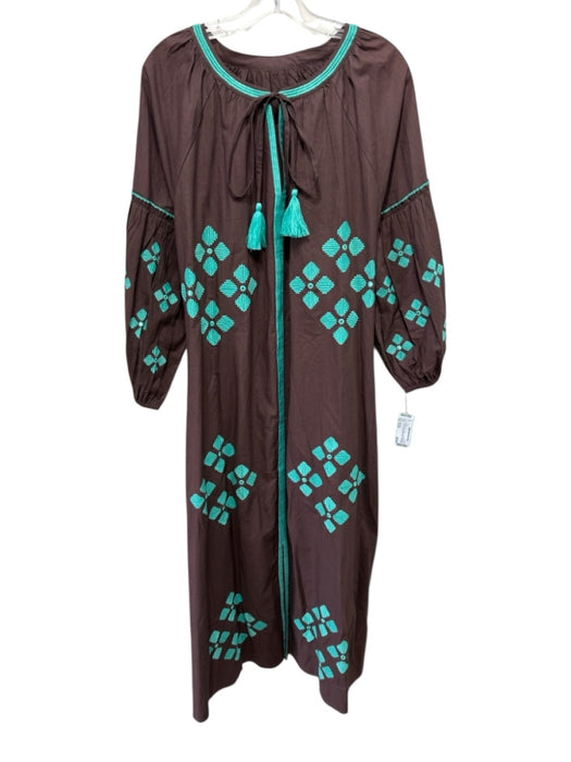 No Brand Size Est M Brown & Blue Cotton Long Sleeve All Over Print Maxi Dress Brown & Blue / Est M