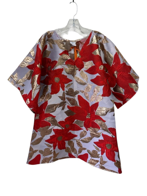 TELA Size One Size Gray,  White & Blue Polyester Blend Leaves Gold Thread Dress Gray,  White & Blue / One Size