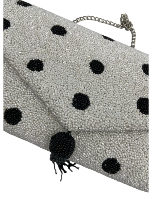 Beth Ladd White & Black Beaded Polka Dots Magnetic Snap Flap Tassel Detail Bag White & Black